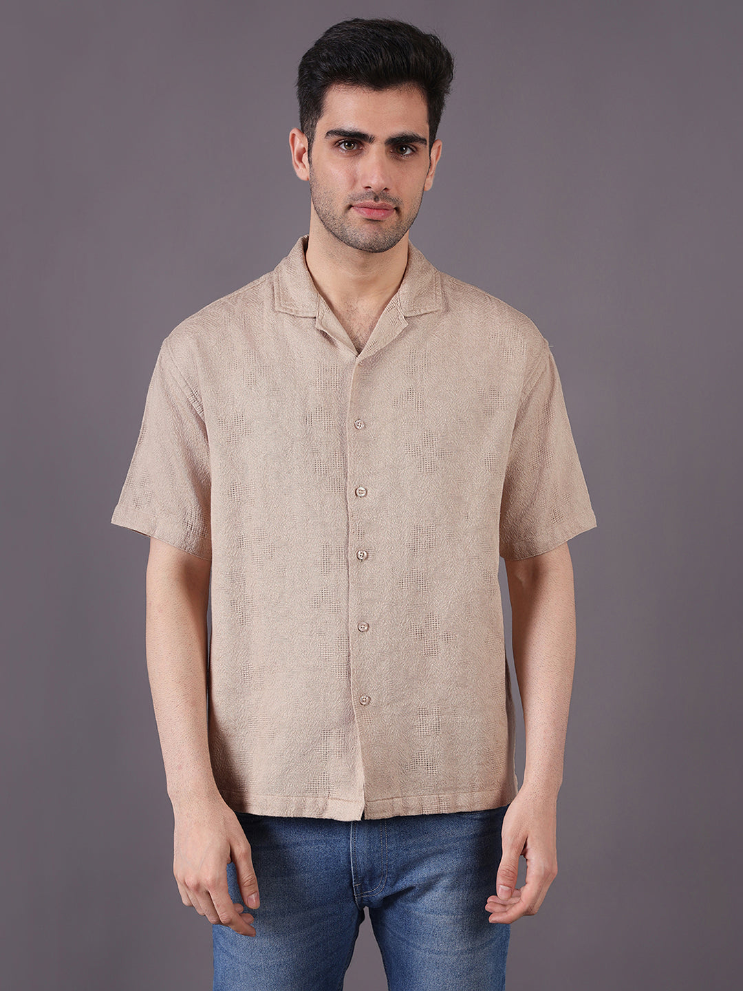Men Relaxed Fit Cotton Jacquard Textured Resort Shirt