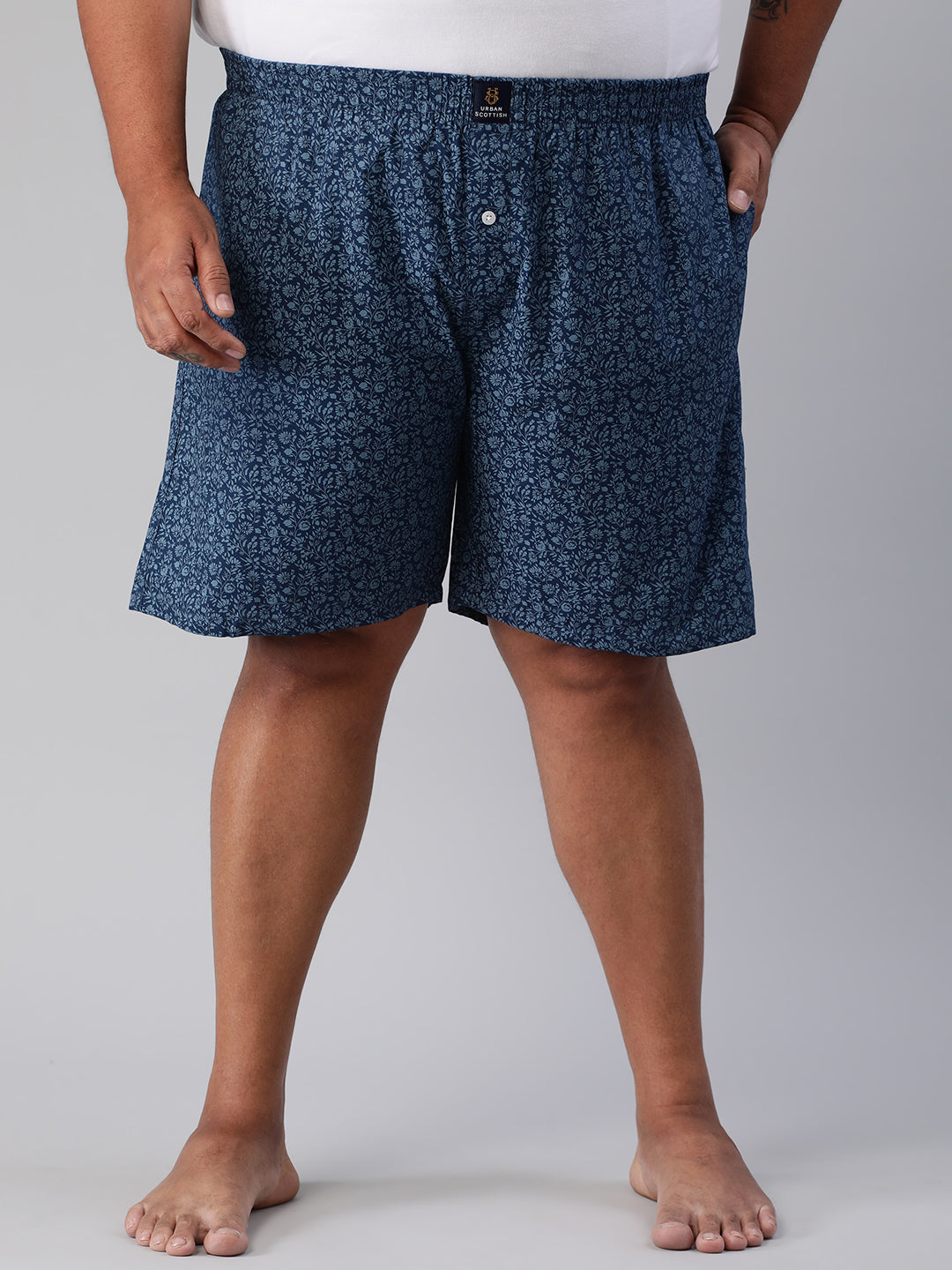 Men's Blue, 100% Cotton, Printeded, Regular Fit, Inner Elastic, Mid-Rise, Plus Size Boxers