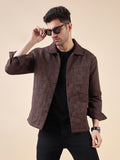 Men Solid Textured Jacquard Weave Oversized Cotton Shacket