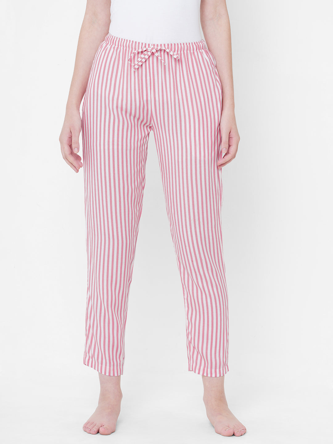 Women's Striped, Pink, Viscose, Regular Fit, Elasticated, Waistband, Pyjama  With Side Pockets