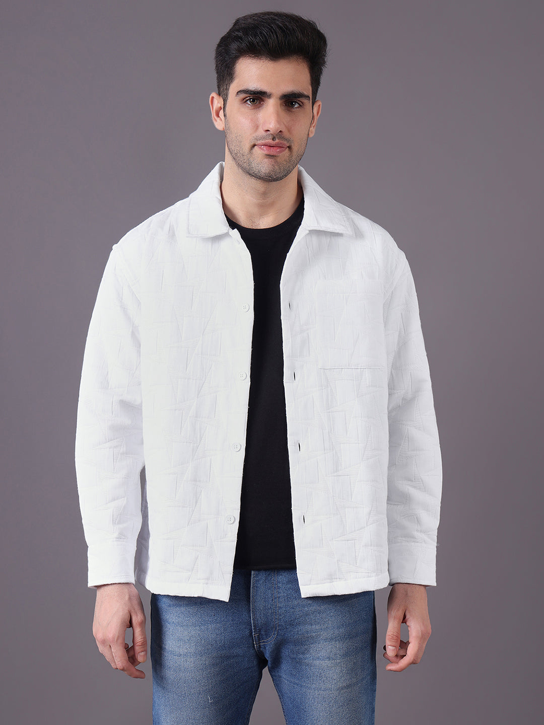 Men Solid Textured Jacquard Weave Oversized Cotton Shacket