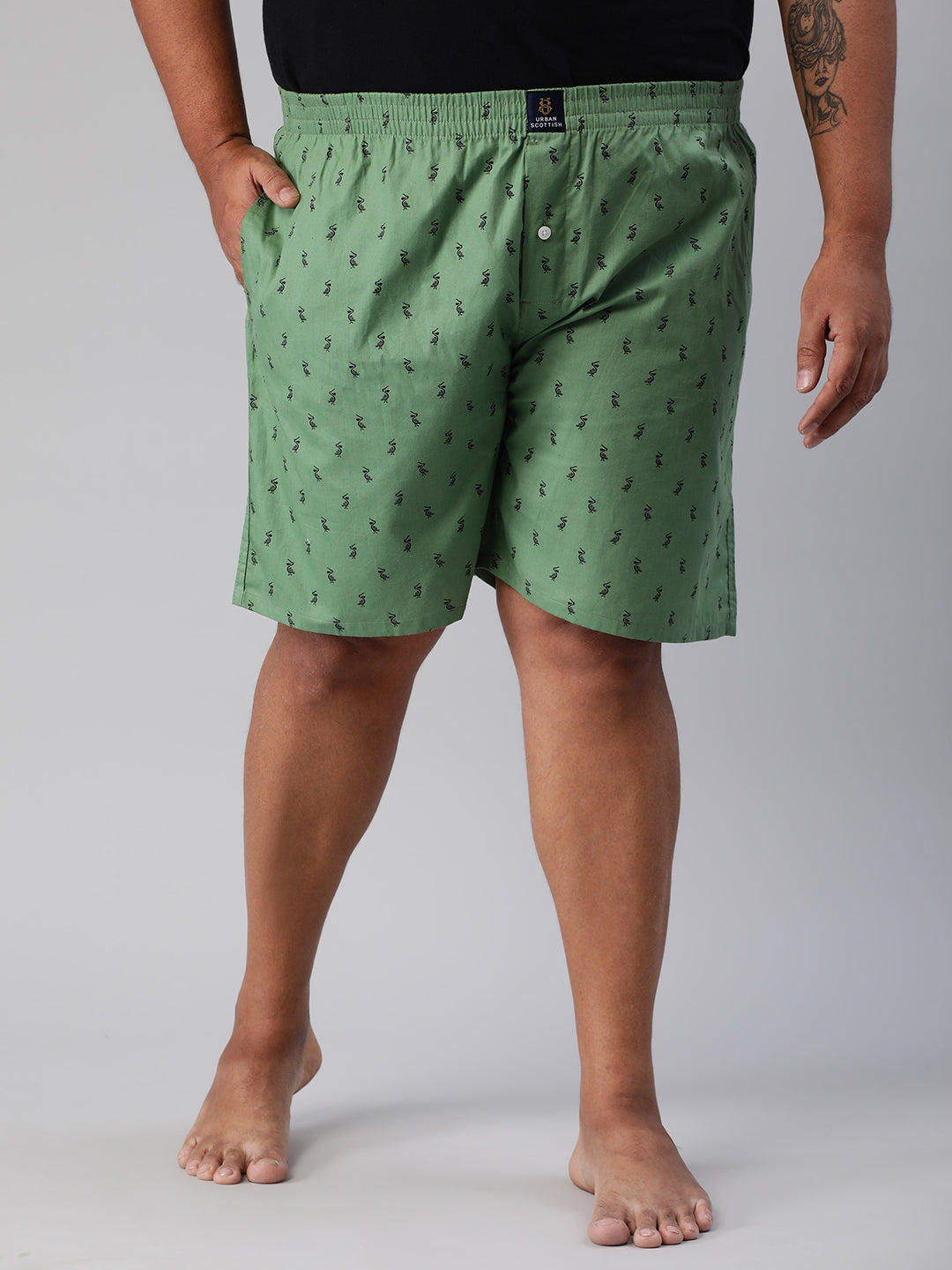 Men's Green, 100% Cotton, Printeded, Regular Fit, Inner Elastic, Mid-Rise, Plus Size Boxers
