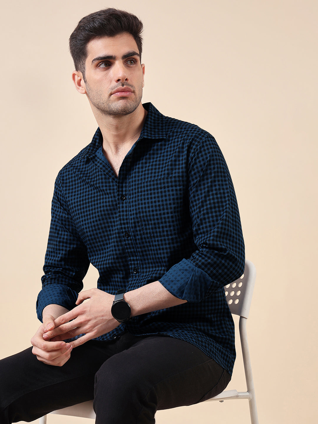 Men Cotton Print Regular Fit Check Shirt