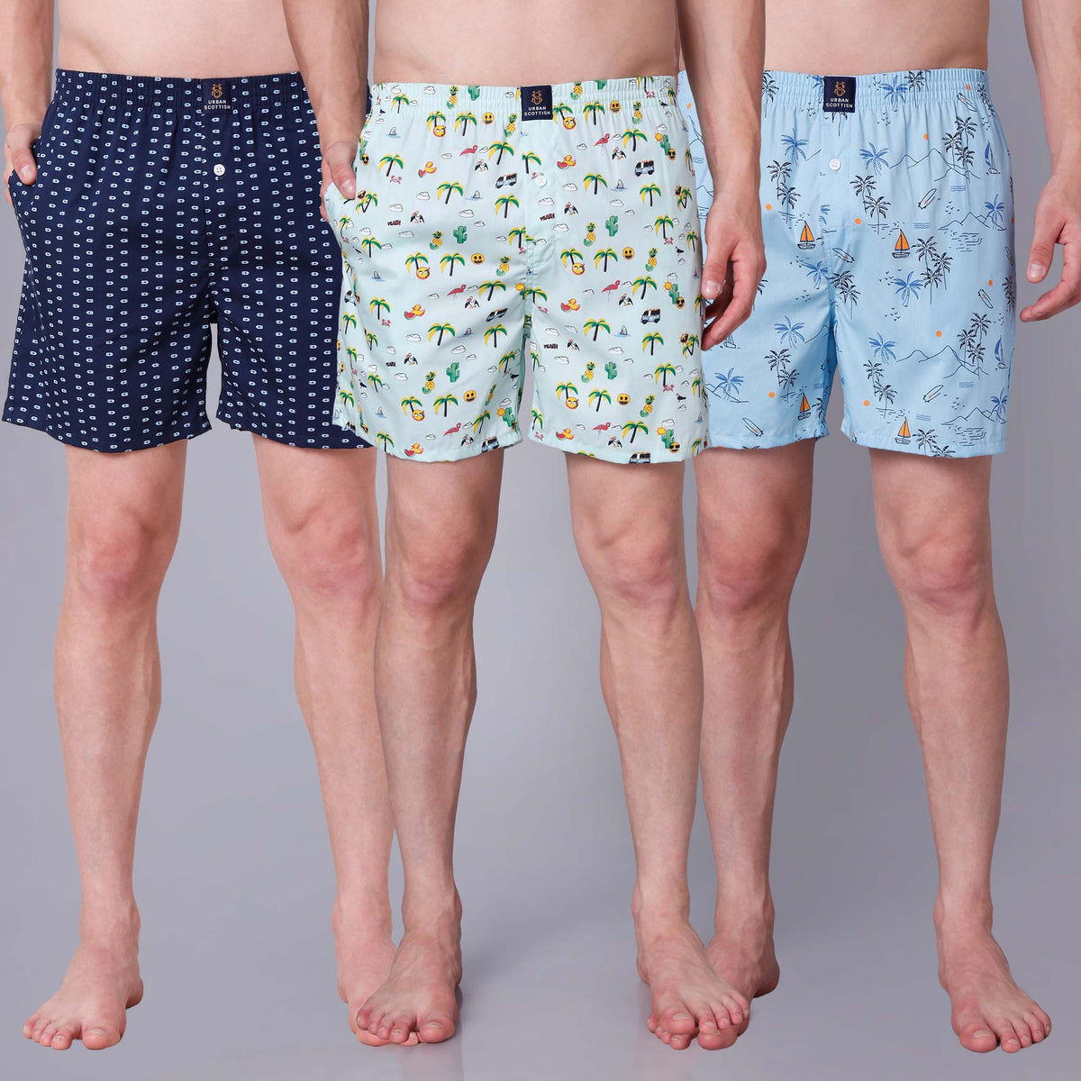 Men's Multicolor, 100% Cotton, printed, Regular Fit,  Inner Elastic, Mid-Rise, Boxers- Pack of 3