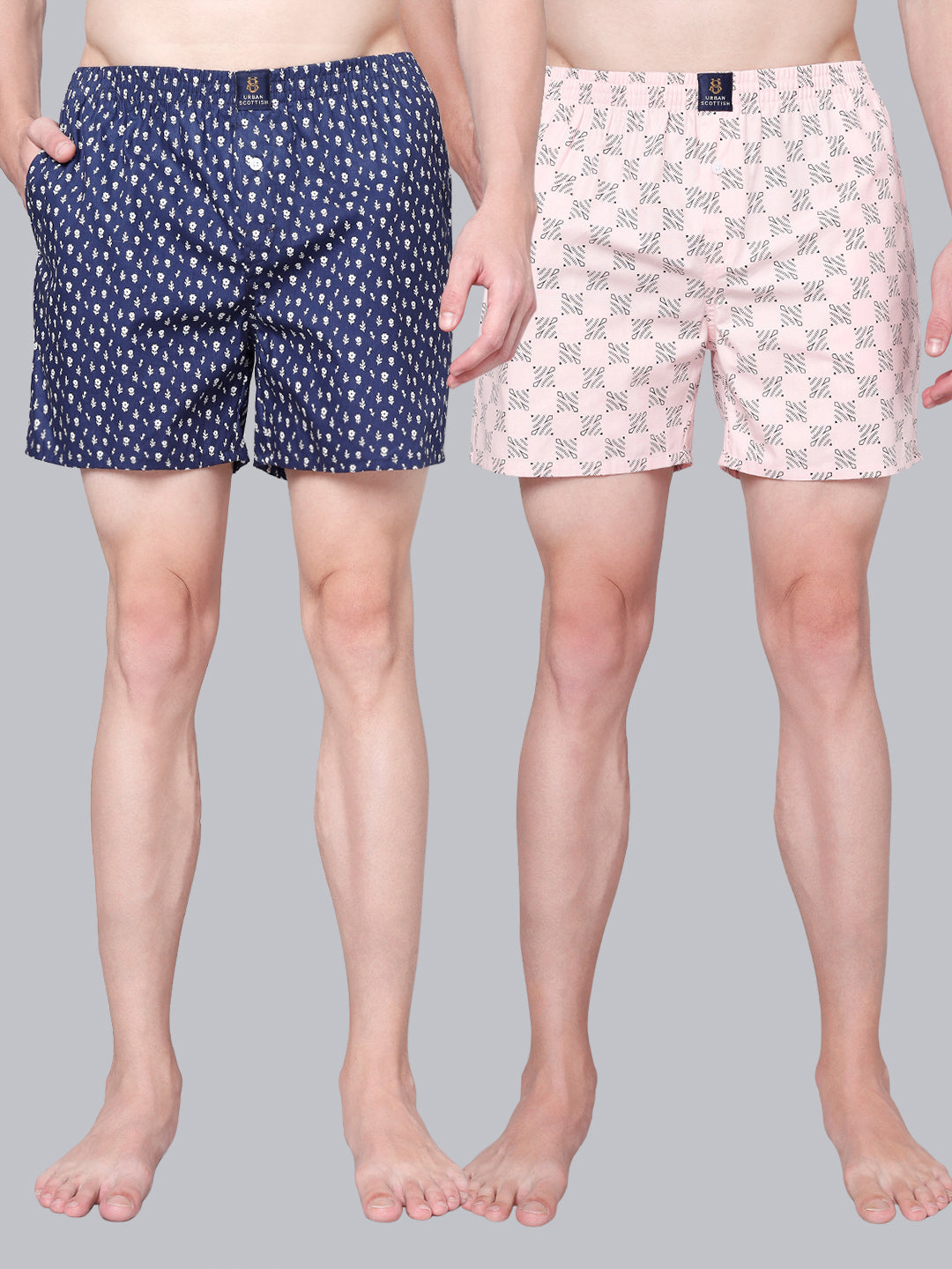 Men’s 100% Cotton Printed Boxers Shorts With Side Pockets (Pack of 2)