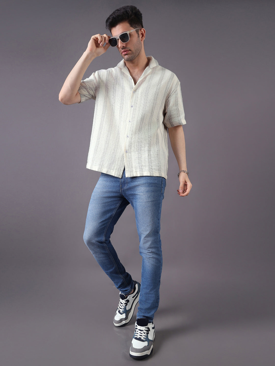 Men Relaxed Fit Cotton Stripe Textured Resort Shirt