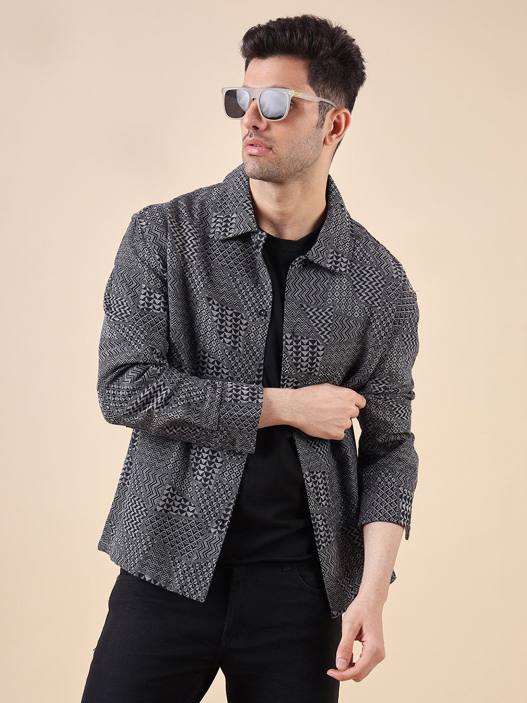 Men Jacquard-Weave Oversized Cotton Shacket