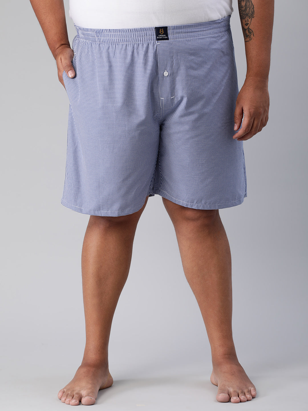 Men's Blue, 100% Cotton, Checkered, Regular Fit, Inner Elastic, Mid-Rise, Plus Size Boxers