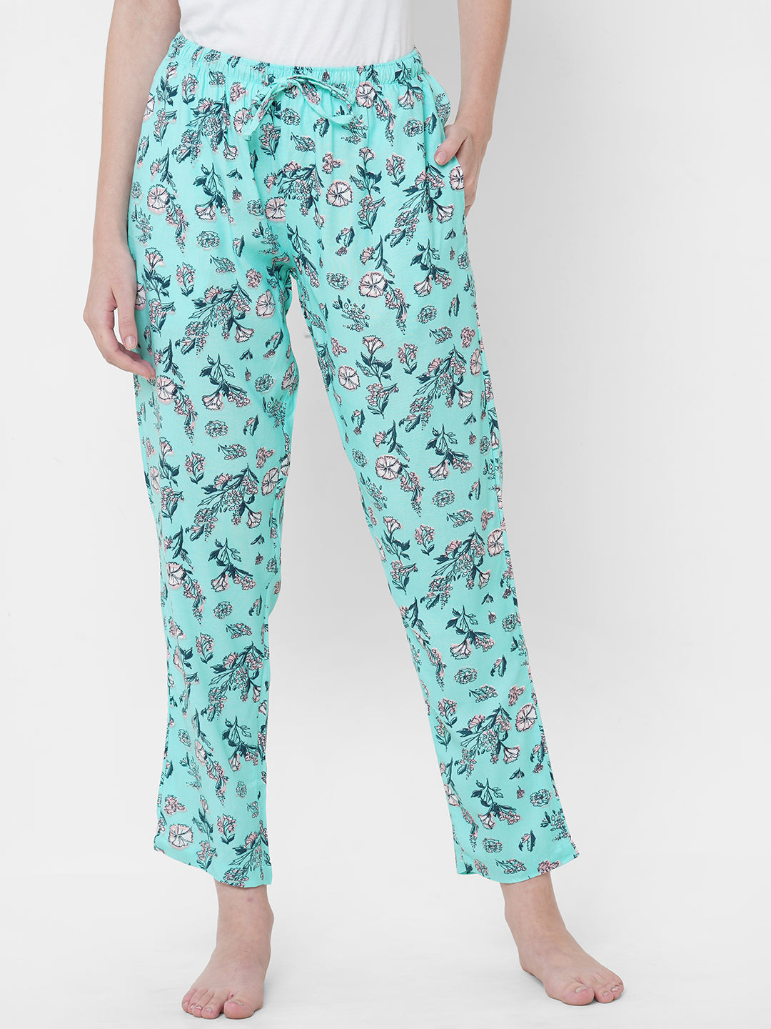 Women's Floral Print, Blue, Viscose, Regular Fit, Elasticated, Waistband, Pyjama  With Side Pockets