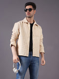 Men Solid Textured Jacquard Weave Oversized Cotton Shacket