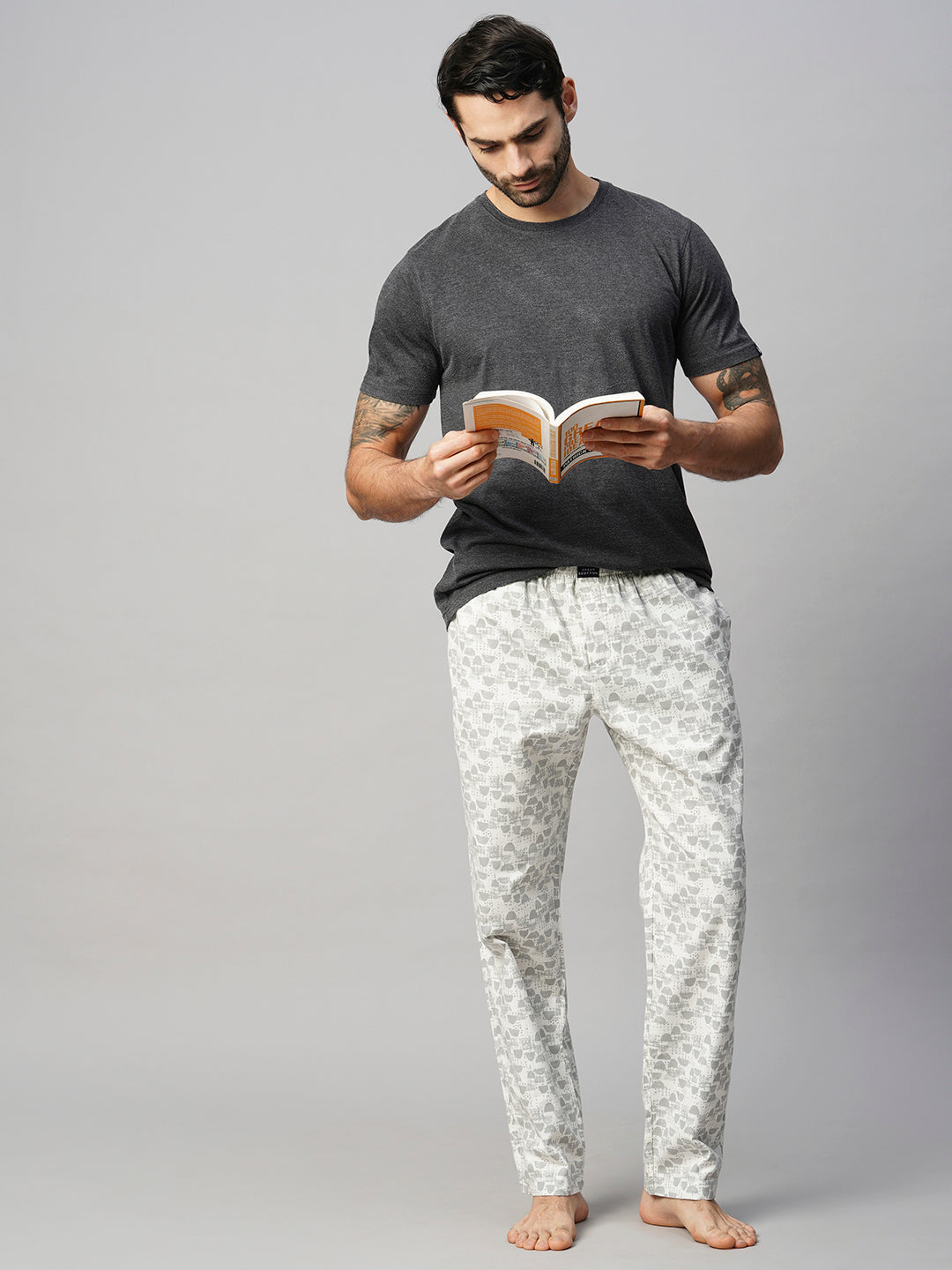 Men's Printed, White & Grey, Cotton, Regular Fit, Elasticated, Waistband, Pyjama  With Side Pockets