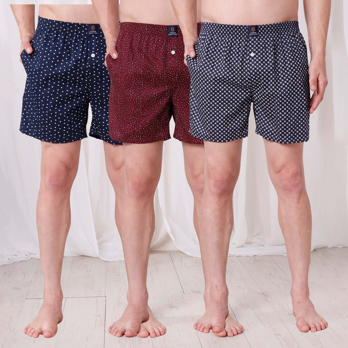 Men's Multicolor, 100% Cotton, printed, Regular Fit,  Inner Elastic, Mid-Rise, Boxers- Pack of 3