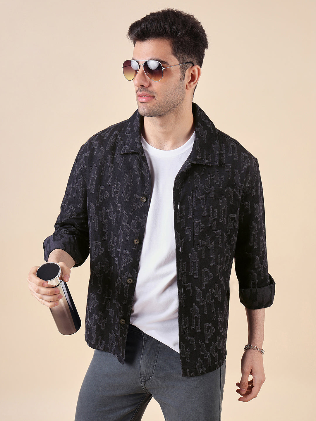 Men Solid Textured Jacquard Weave Oversized Cotton Shacket