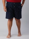 Men's Blue, 100% Cotton, Printeded, Regular Fit, Inner Elastic, Mid-Rise, Plus Size Boxers