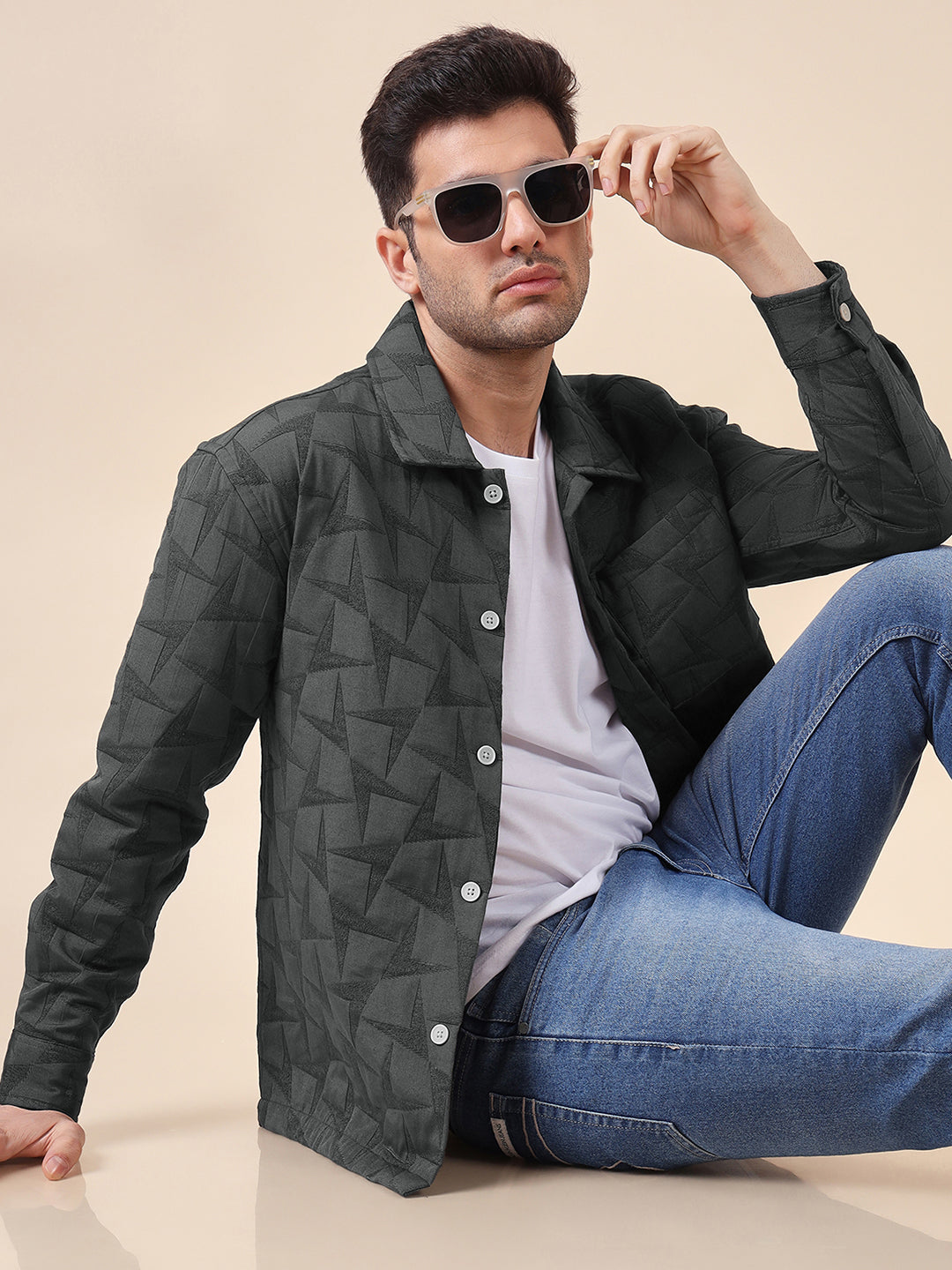 Men Solid Textured Jacquard Weave Oversized Cotton Shacket