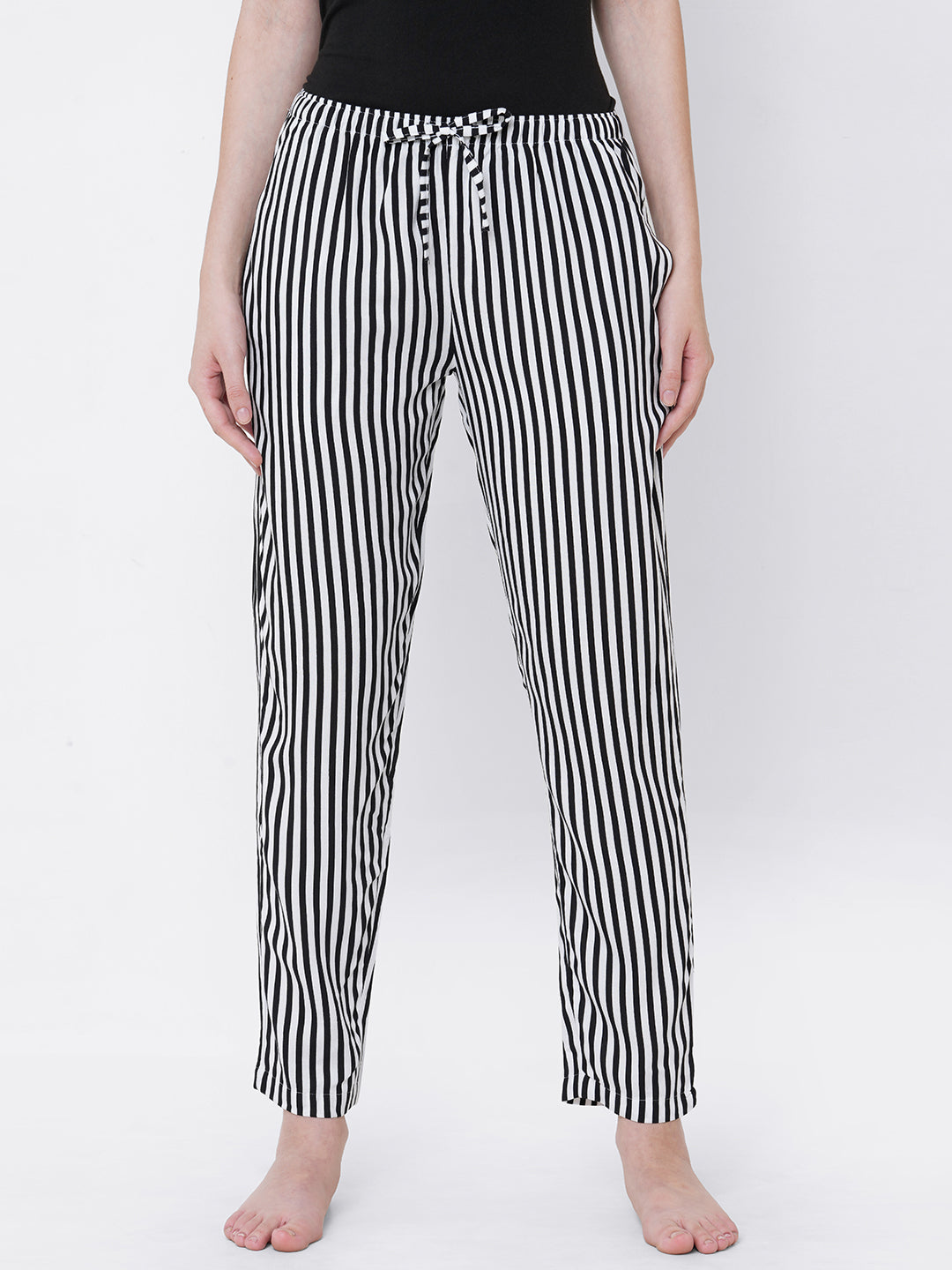 Women's Striped, Black, Viscose, Regular Fit, Elasticated, Waistband, Pyjama  With Side Pockets