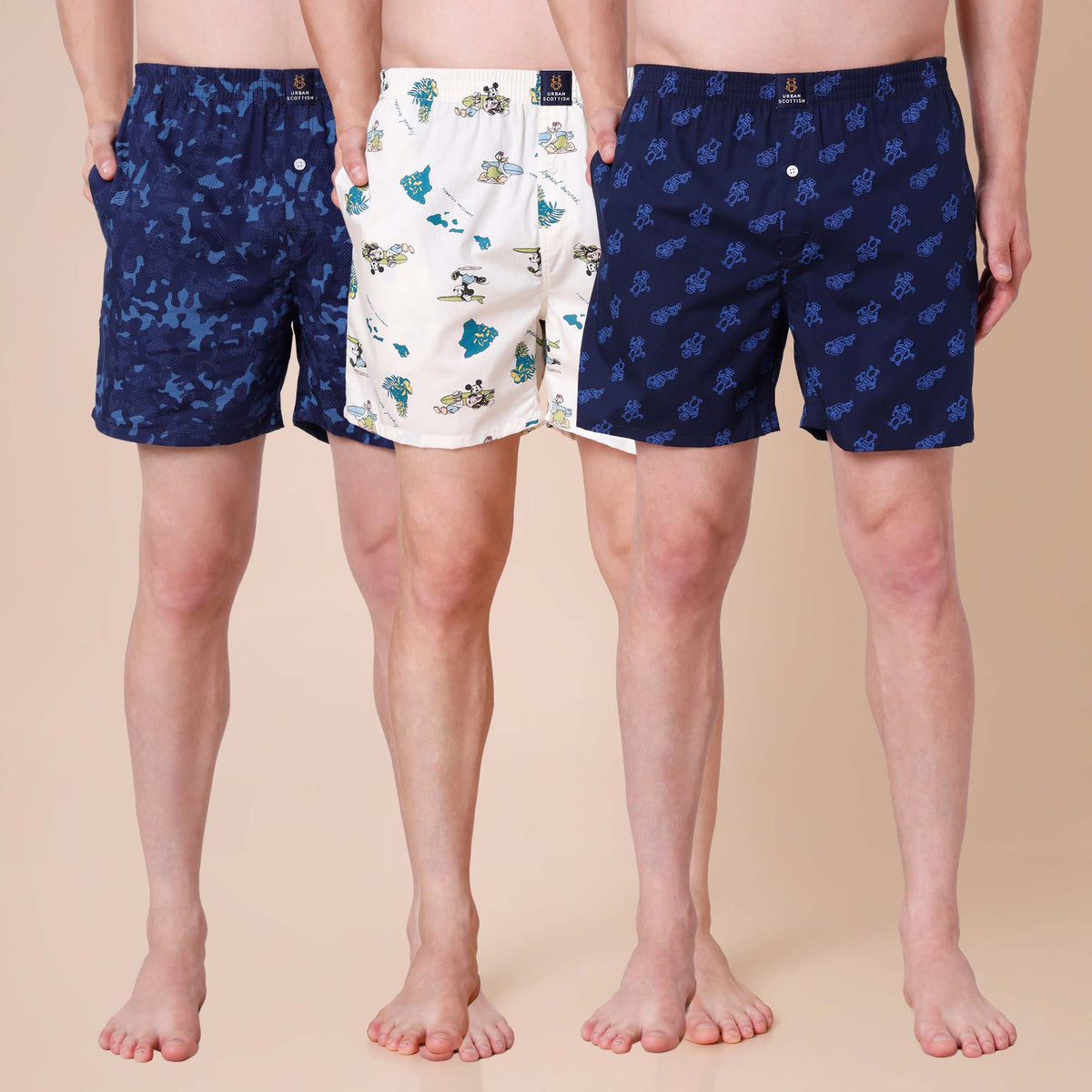 Men's Multicolor, 100% Cotton, printed, Regular Fit,  Inner Elastic, Mid-Rise, Boxers- Pack of 3