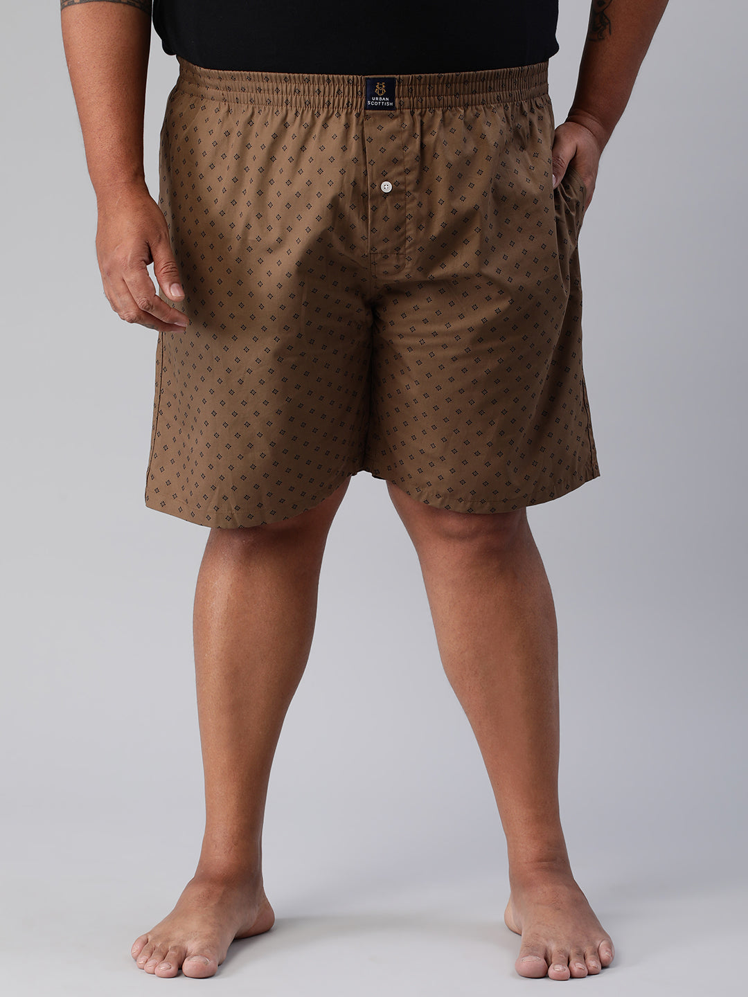 Men's Brown, 100% Cotton, Printeded, Regular Fit, Inner Elastic, Mid-Rise, Plus Size Boxers
