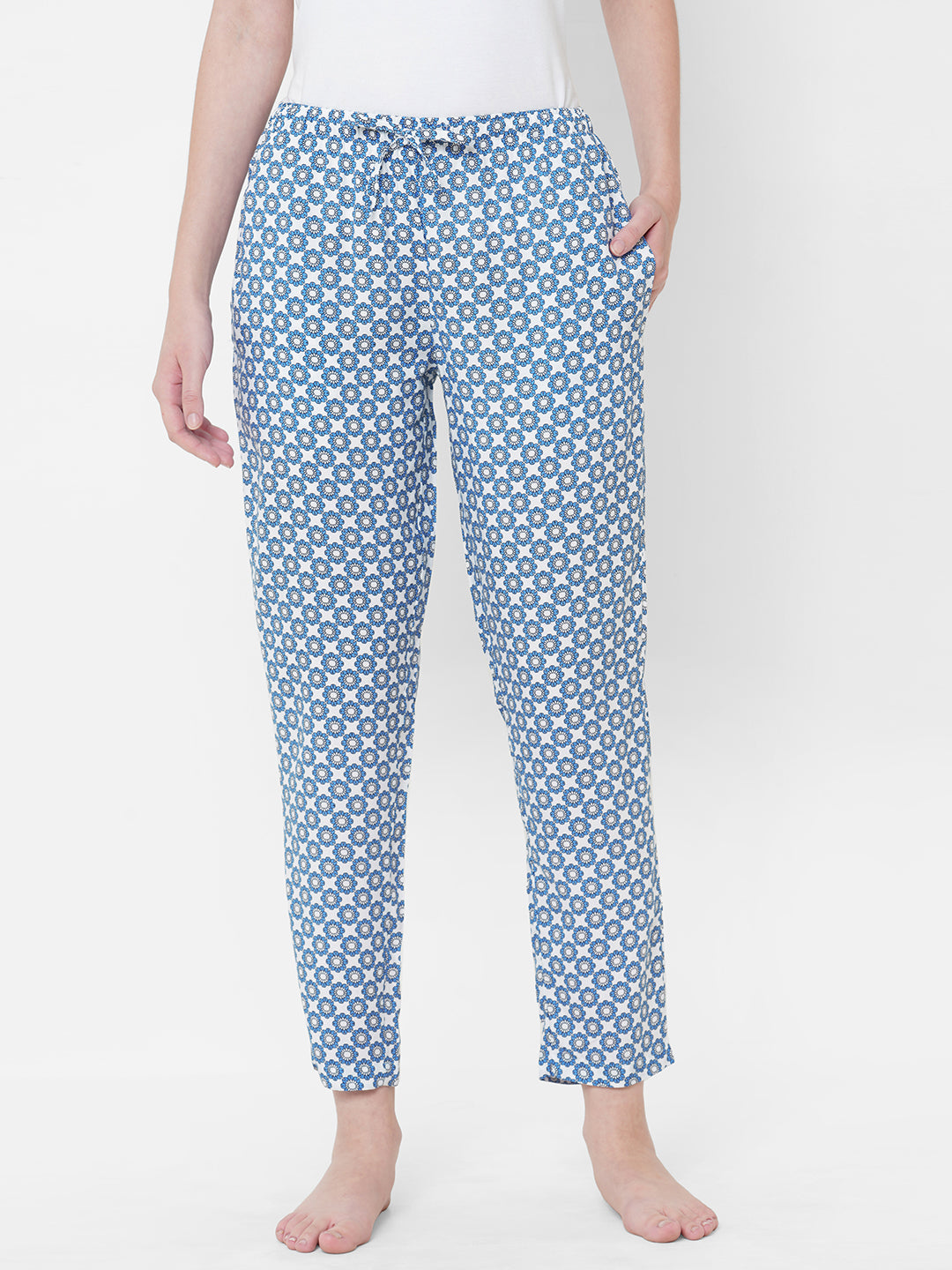 Women's Floral Print, Blue, Viscose, Regular Fit, Elasticated, Waistband, Pyjama  With Side Pockets