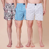 Men's Multicolor, 100% Cotton, printed, Regular Fit,  Inner Elastic, Mid-Rise, Boxers- Pack of 3