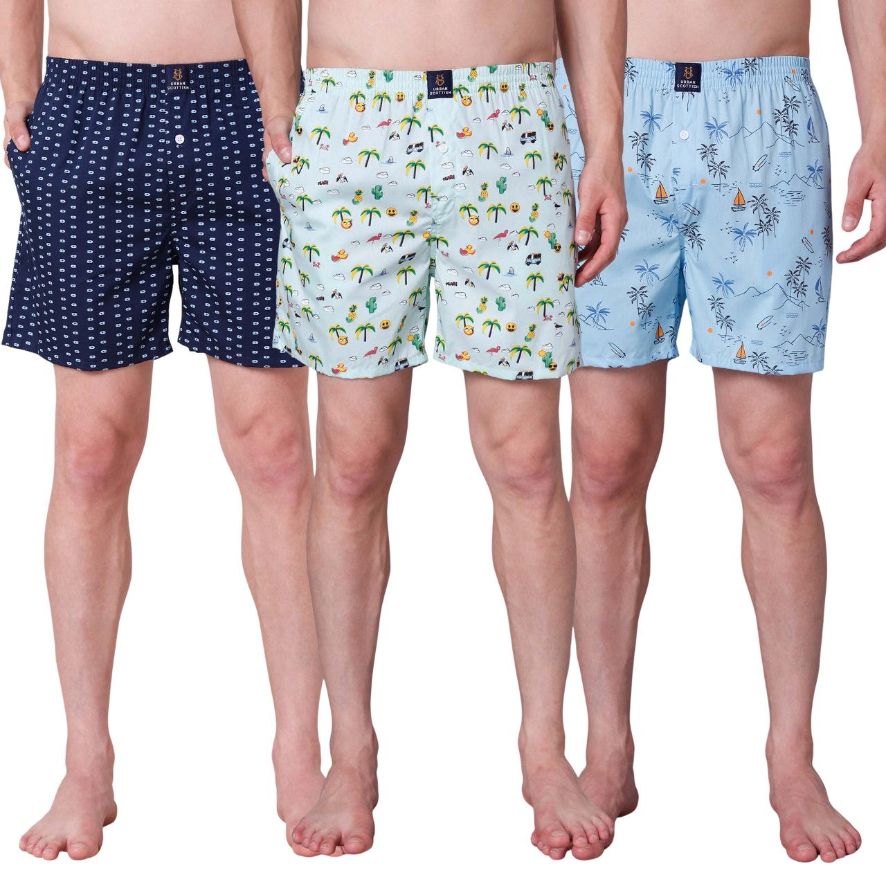 Men's Multicolor, 100% Cotton, printed, Regular Fit,  Inner Elastic, Mid-Rise, Boxers- Pack of 3