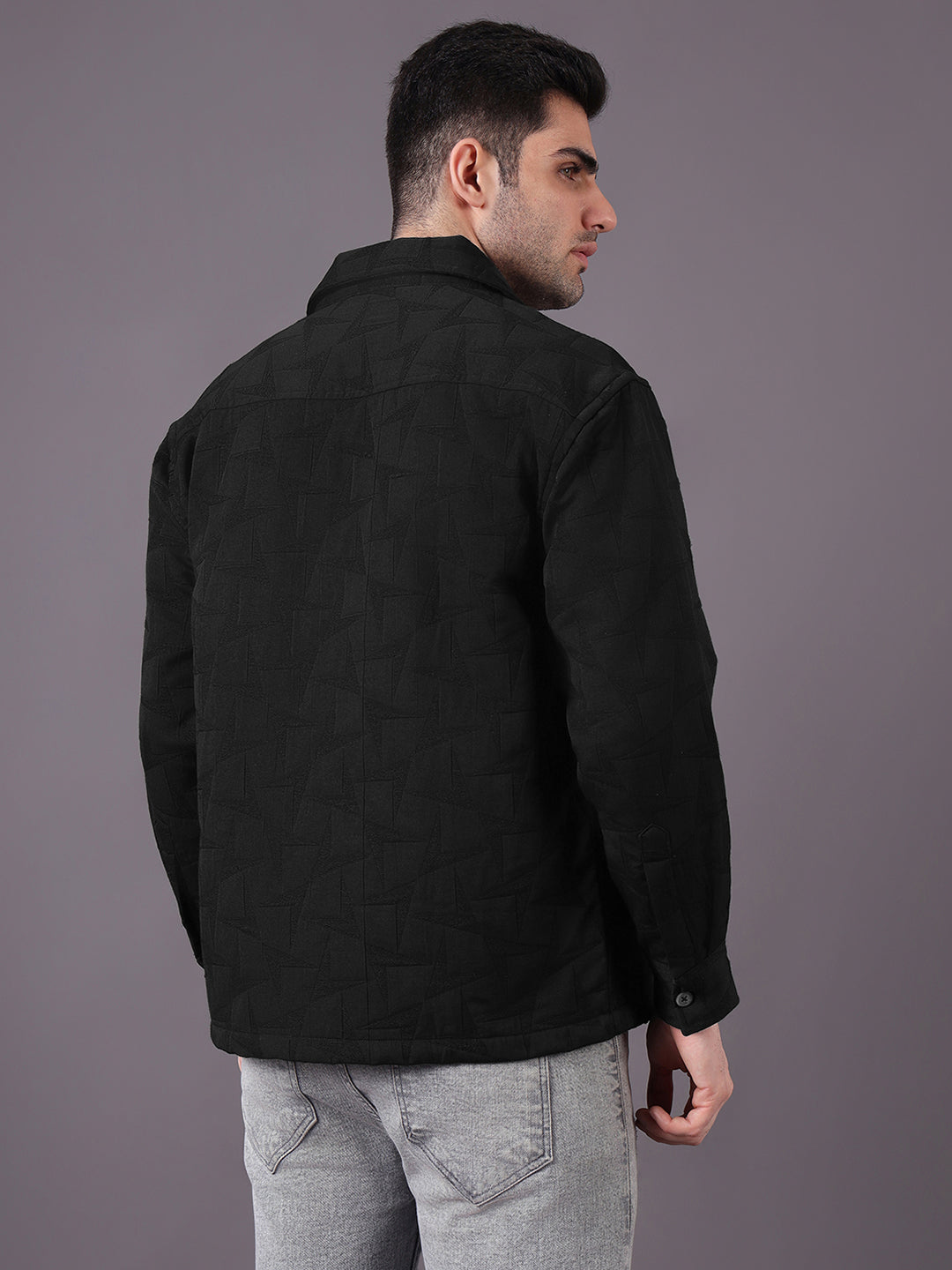 Men Solid Textured Jacquard Weave Oversized Cotton Shacket