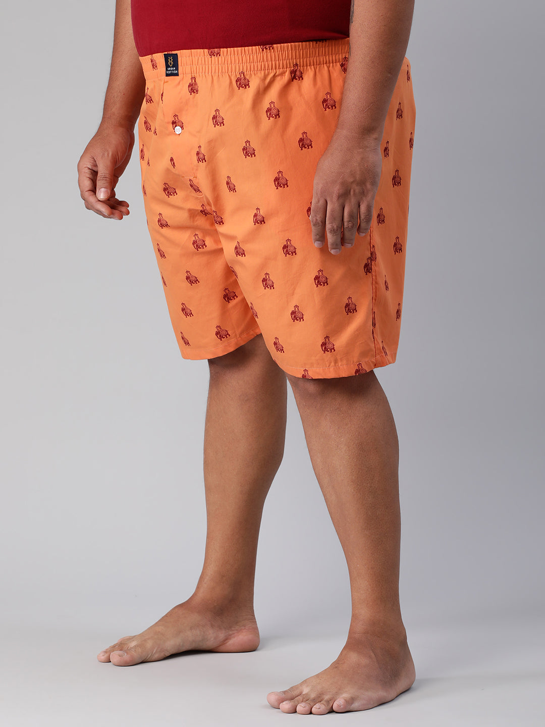 Men's Orange, 100% Cotton, Printeded, Regular Fit, Inner Elastic, Mid-Rise, Plus Size Boxers