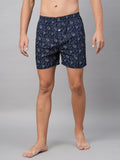 Men's Navy, 100% Cotton, Printed, Regular Fit, Inner Elastic, Mid-Rise, Boxers