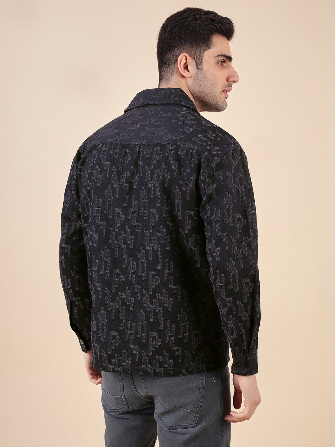 Men Solid Textured Jacquard Weave Oversized Cotton Shacket