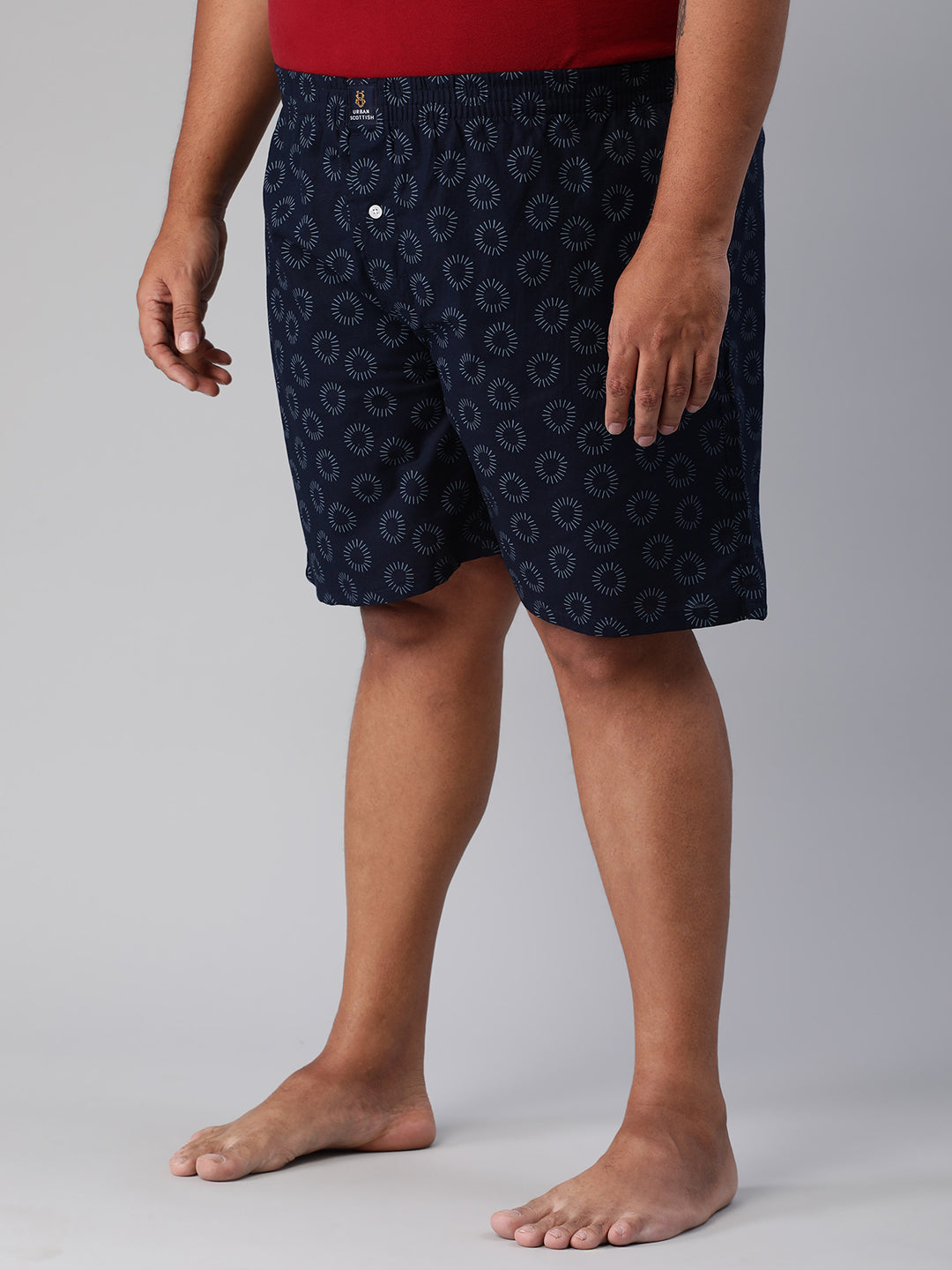 Men's Blue, 100% Cotton, Printeded, Regular Fit, Inner Elastic, Mid-Rise, Plus Size Boxers