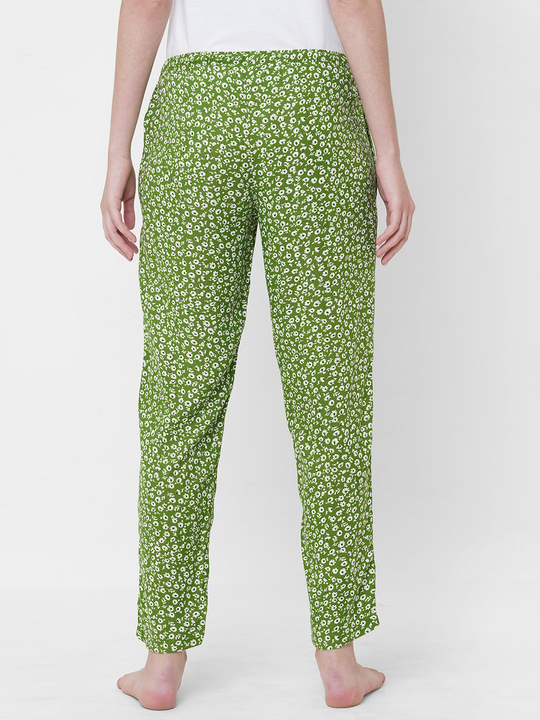 Women's Floral Print, Green, Viscose, Regular Fit, Elasticated, Waistband, Pyjama  With Side Pockets