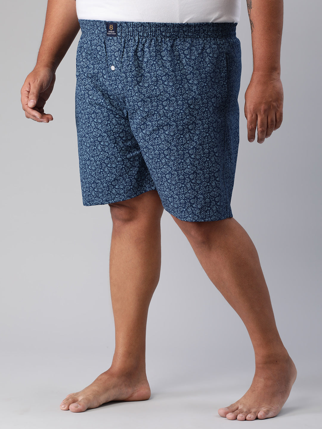 Men's Blue, 100% Cotton, Printeded, Regular Fit, Inner Elastic, Mid-Rise, Plus Size Boxers