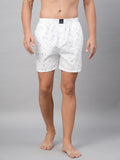 Men's White, 100% Cotton, Printed, Regular Fit, Inner Elastic, Mid-Rise, Boxers