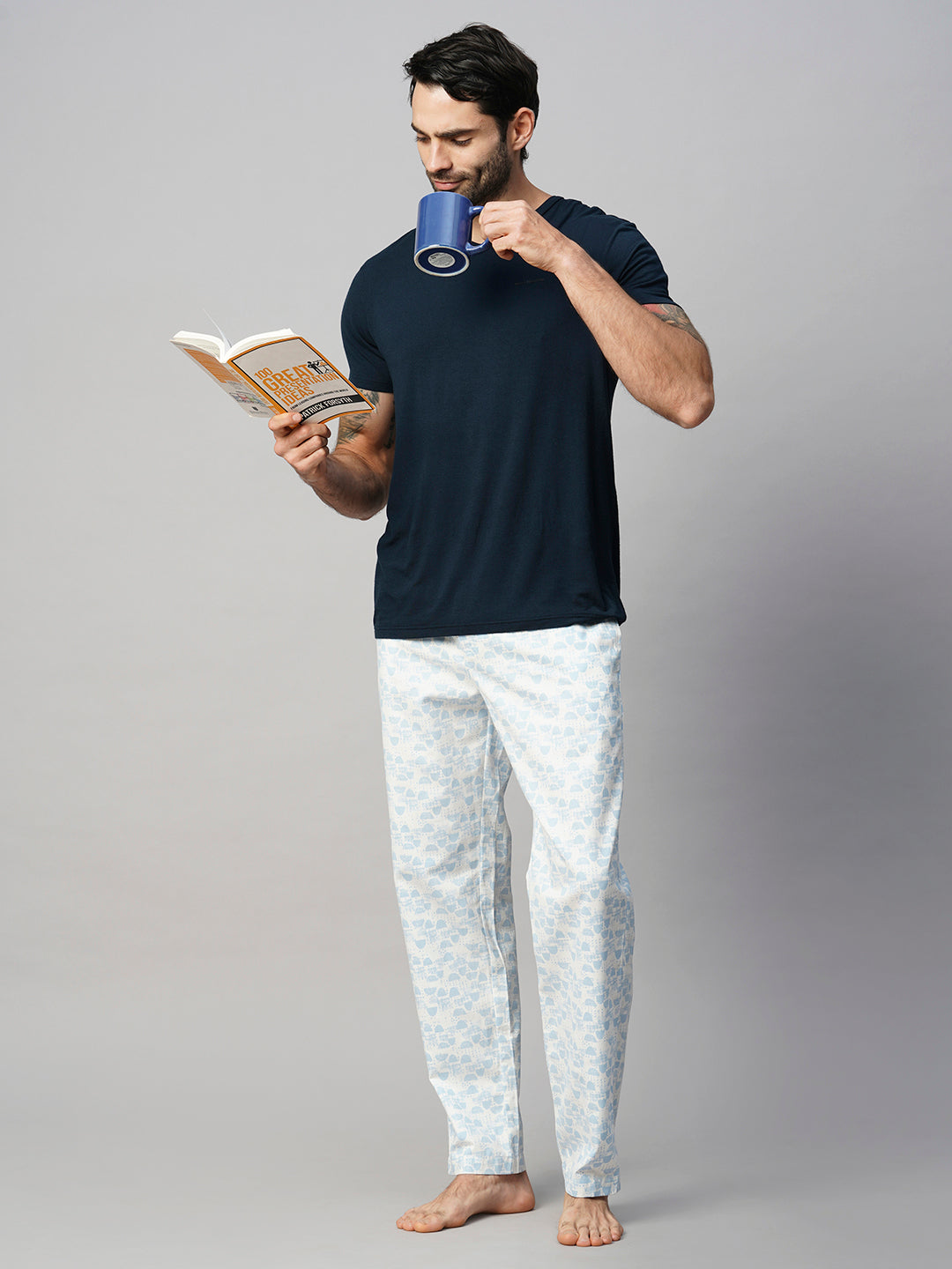 Men's Printed, Blue, Cotton, Regular Fit, Elasticated, Waistband, Pyjama  With Side Pockets