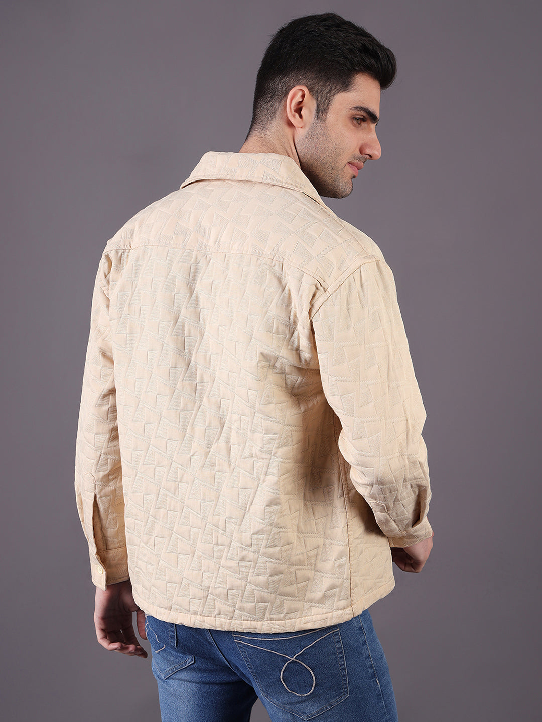 Men Solid Textured Jacquard Weave Oversized Cotton Shacket