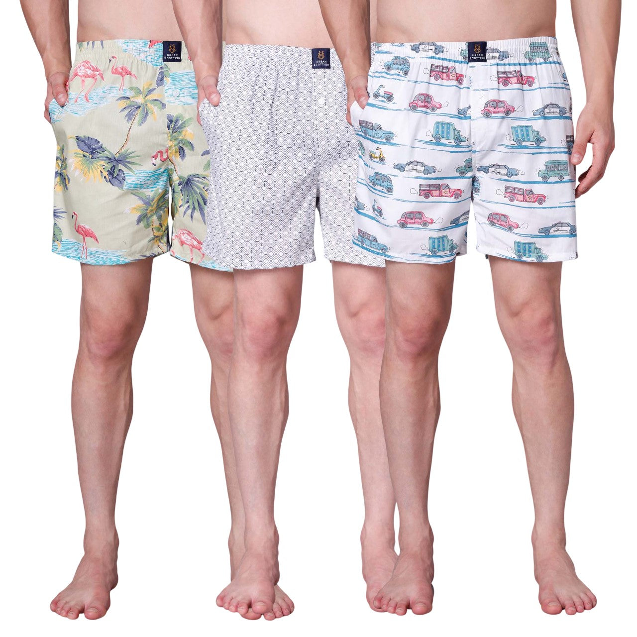 Men's Multicolor, 100% Cotton, printed, Regular Fit,  Inner Elastic, Mid-Rise, Boxers- Pack of 3