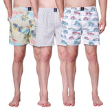 Men's Multicolor, 100% Cotton, printed, Regular Fit,  Inner Elastic, Mid-Rise, Boxers- Pack of 3