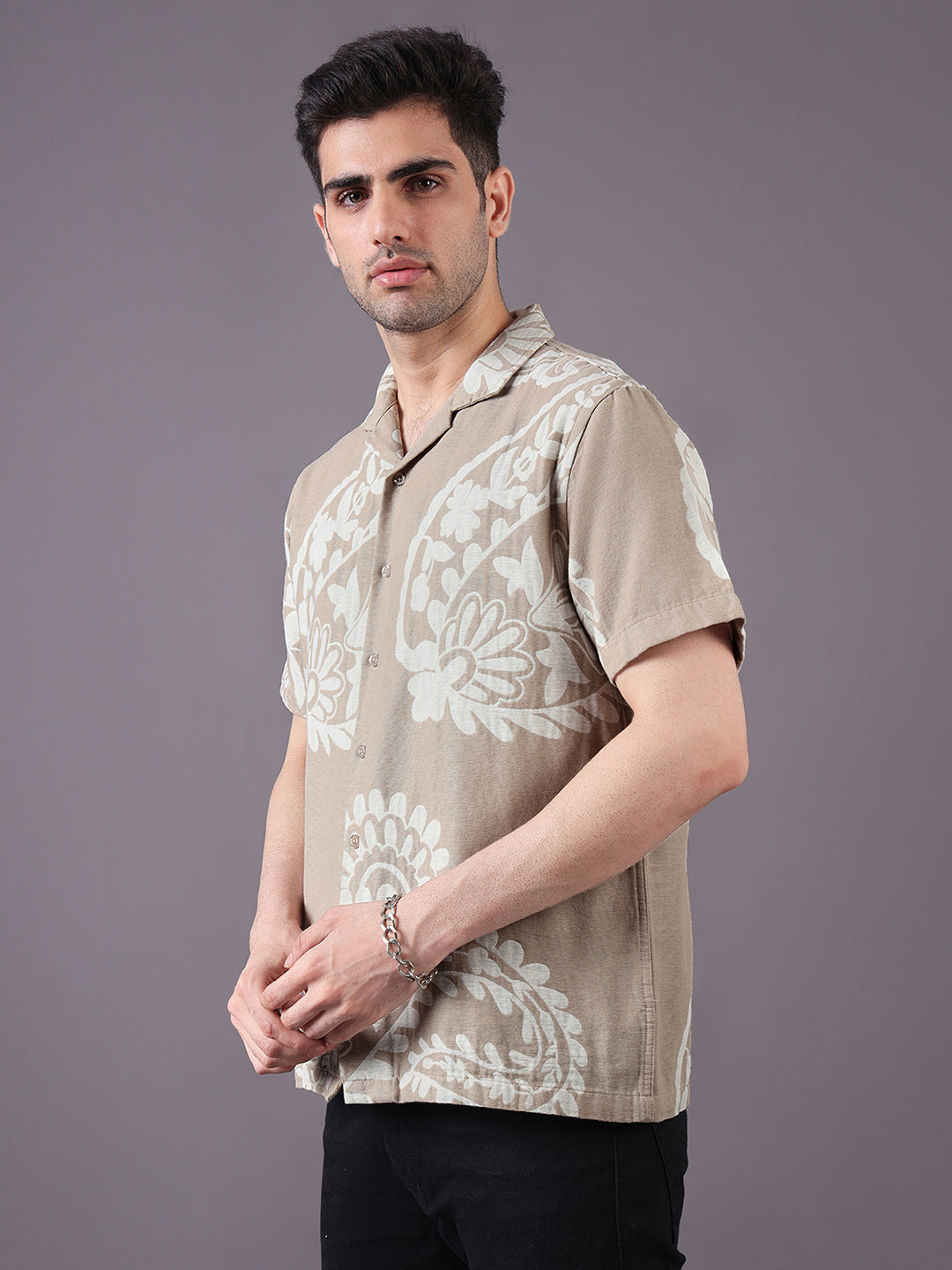 Men Cotton Linen Jacquard-Weave Relaxed Fit Resort Shirt