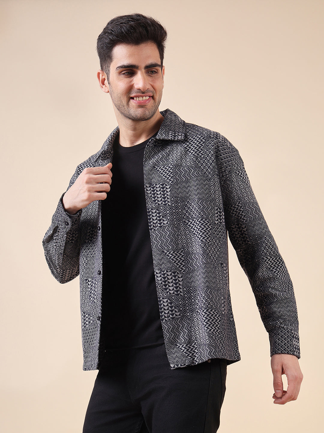 Men Jacquard-Weave Oversized Cotton Shacket