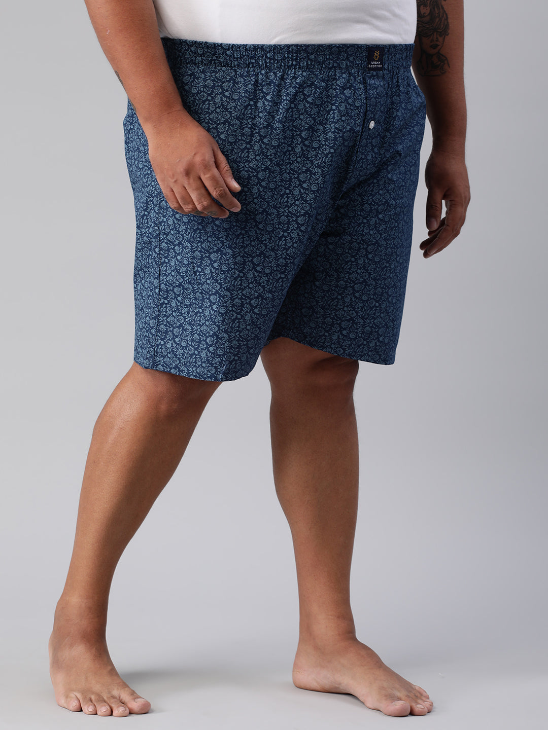 Men's Blue, 100% Cotton, Printeded, Regular Fit, Inner Elastic, Mid-Rise, Plus Size Boxers