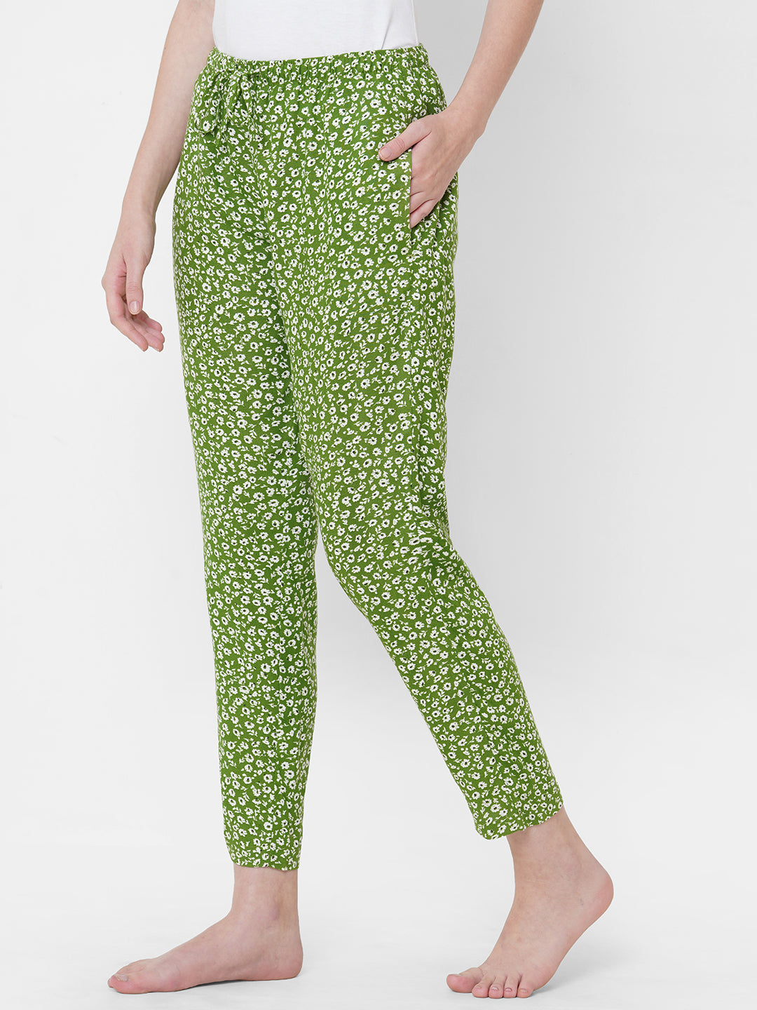 Women's Floral Print, Green, Viscose, Regular Fit, Elasticated, Waistband, Pyjama  With Side Pockets