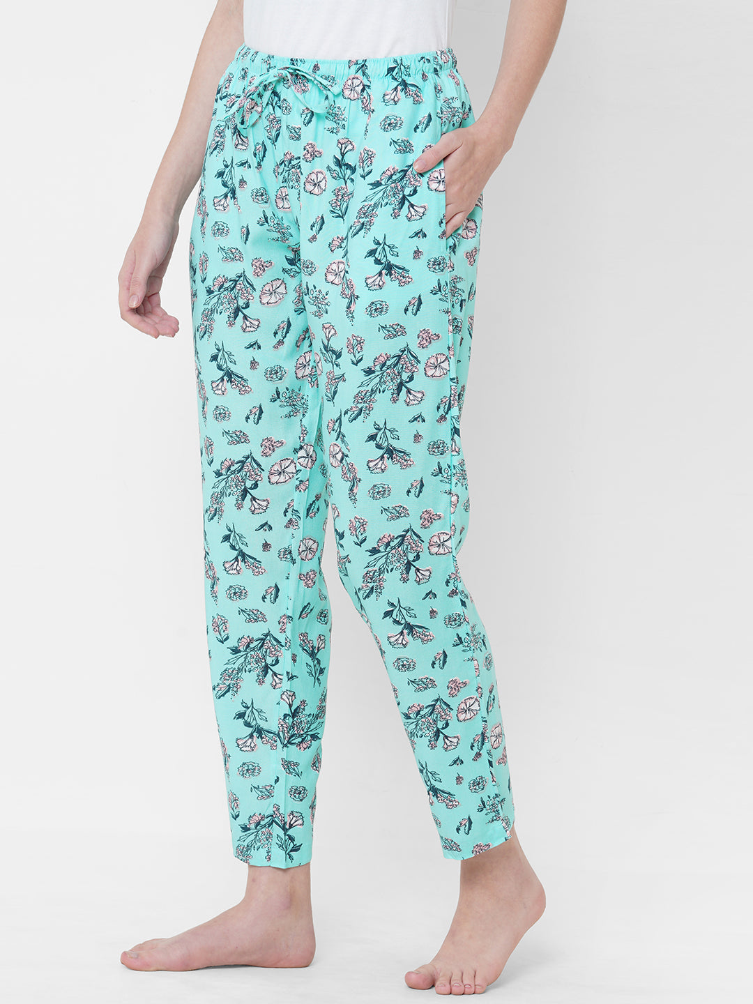 Women's Floral Print, Blue, Viscose, Regular Fit, Elasticated, Waistband, Pyjama  With Side Pockets