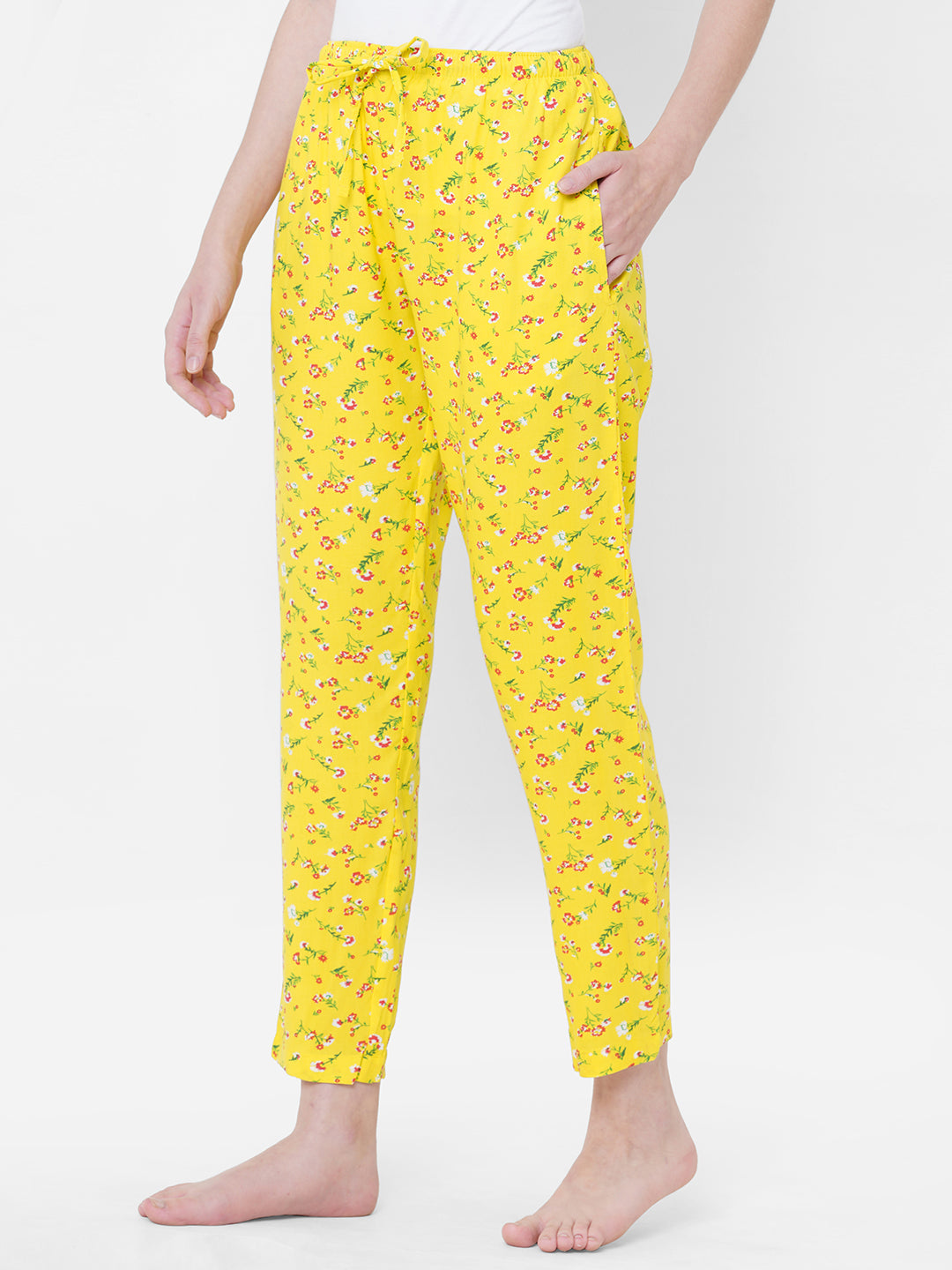 Women's Floral Print, Yellow, Viscose, Regular Fit, Elasticated, Waistband, Pyjama  With Side Pockets