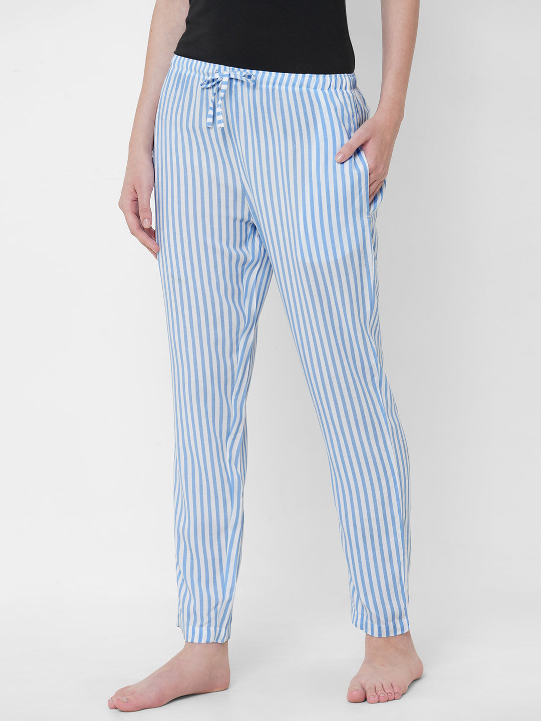 Women's Striped, Blue, Viscose, Regular Fit, Elasticated, Waistband, Pyjama  With Side Pockets