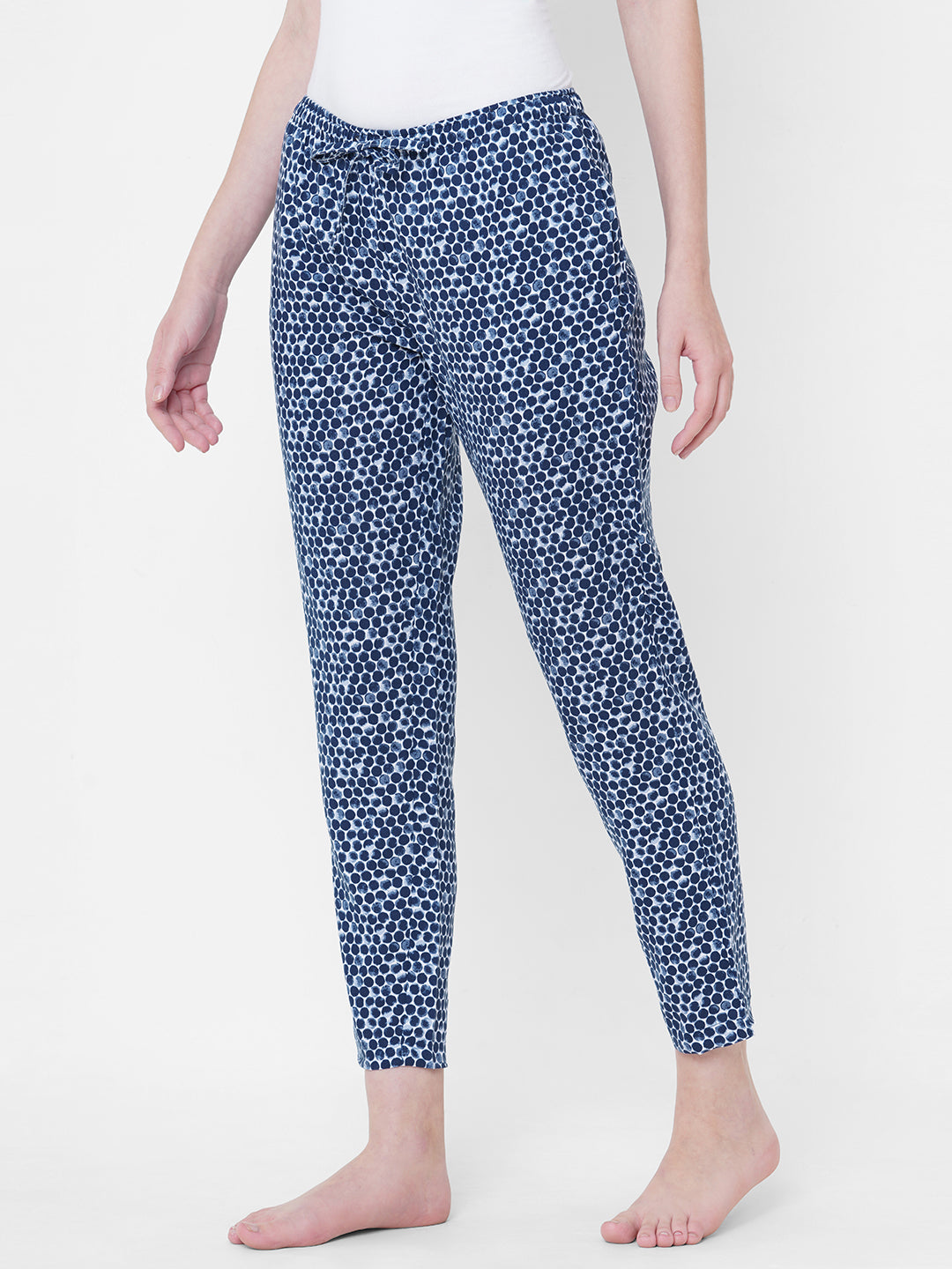 Women's Polka Print, Blue, Viscose, Regular Fit, Elasticated, Waistband, Pyjama  With Side Pockets