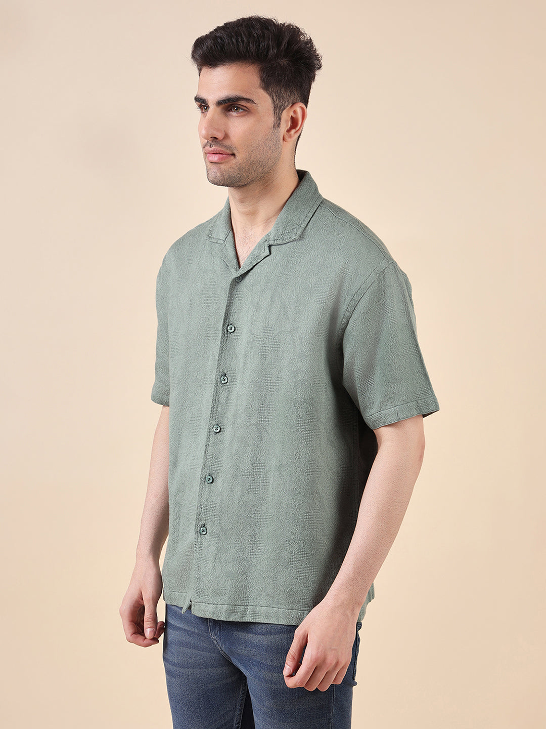 Men Relaxed Fit Cotton Jacquard Textured Resort Shirt