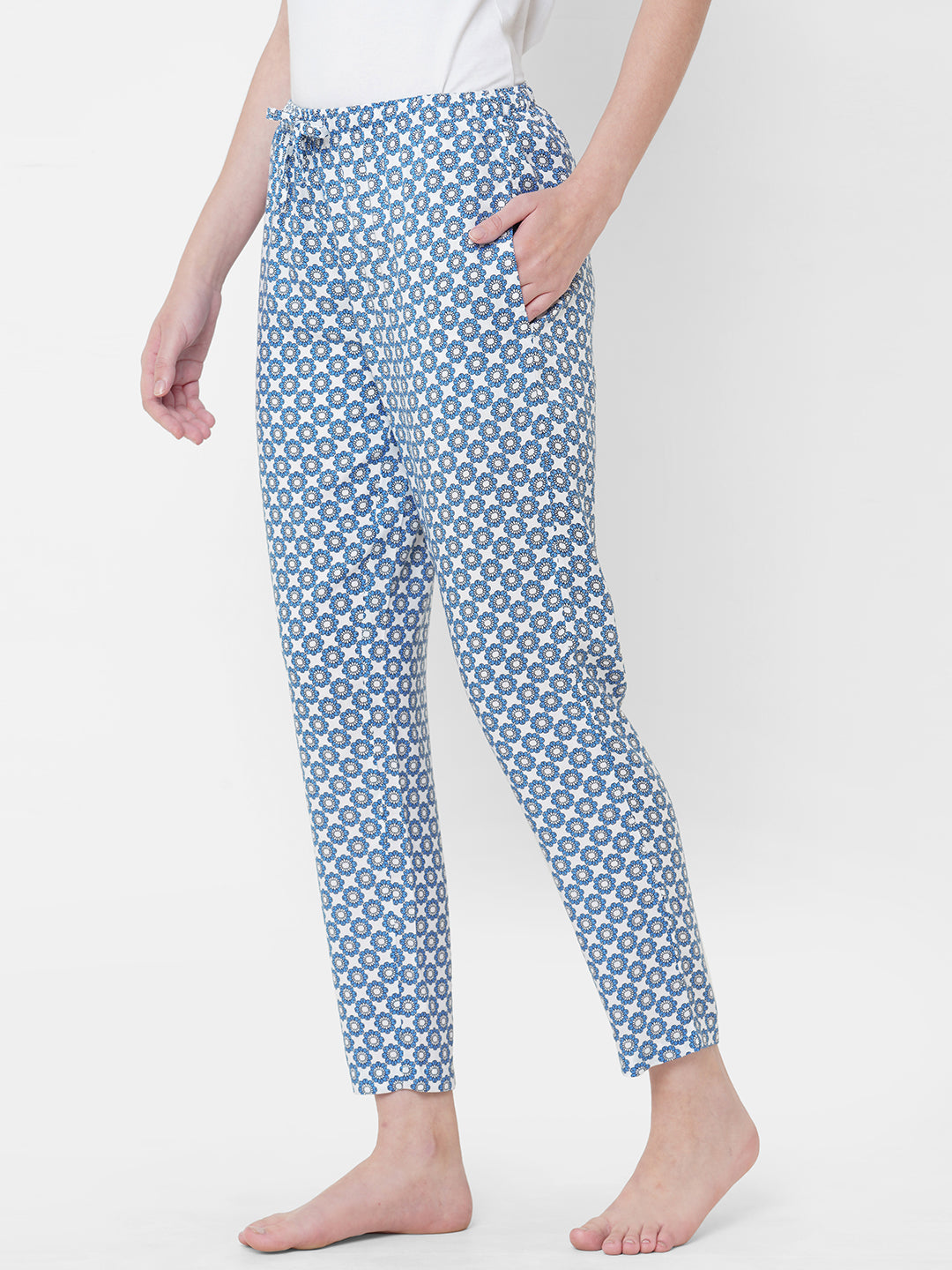 Women's Floral Print, Blue, Viscose, Regular Fit, Elasticated, Waistband, Pyjama  With Side Pockets