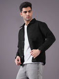 Men Solid Textured Jacquard Weave Oversized Cotton Shacket