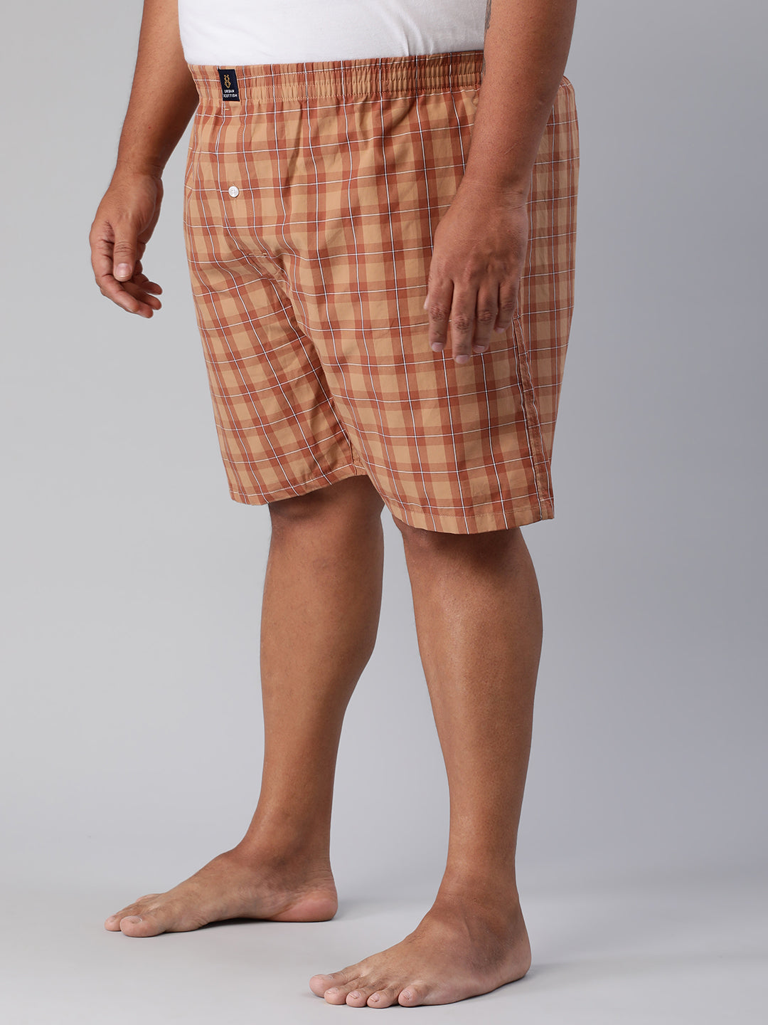 Men's Orange, 100% Cotton, Checkered, Regular Fit, Inner Elastic, Mid-Rise, Plus Size Boxers