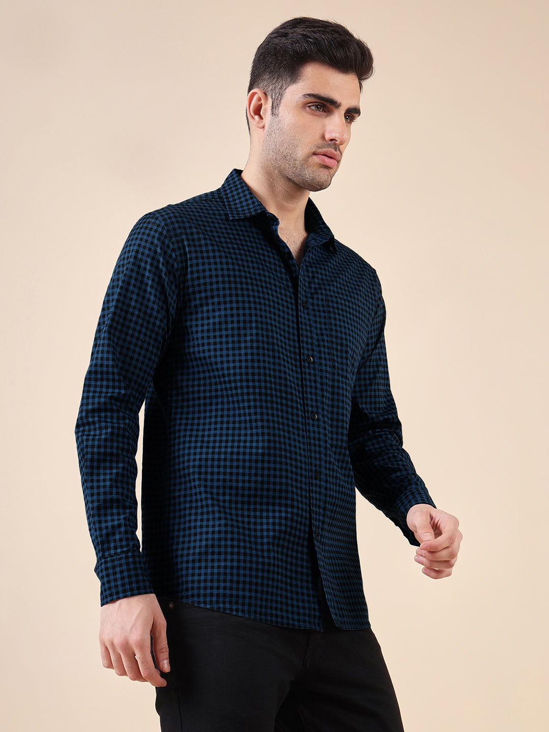 Men Cotton Print Regular Fit Check Shirt
